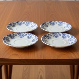 Set Of 4 Vtg. Boch Freres La Louviere 'Douglas'‎ Blue & White Saucers